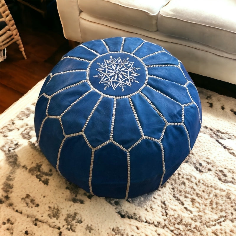 Blue leather pouf